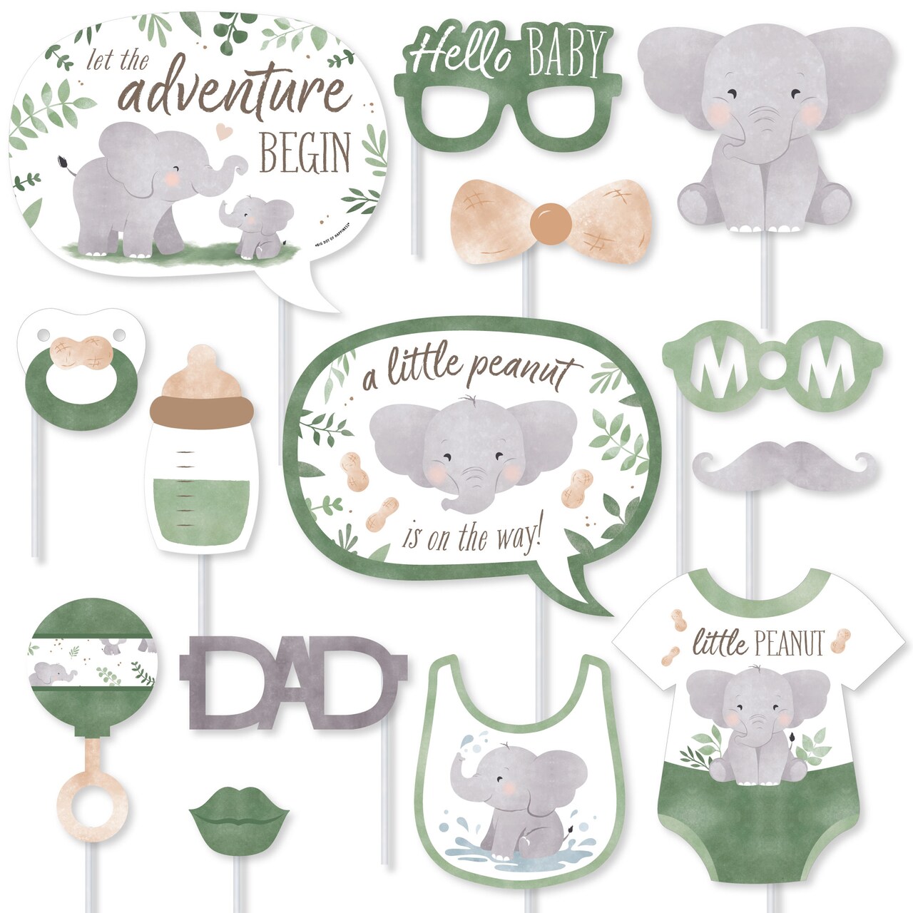 Big Dot of Happiness Elephant Baby Shower Photo Booth Props Kit, Little Peanut Elephant Party Supplies, Baby Shower Decor - 20 Ct Selfie Prop Sticks